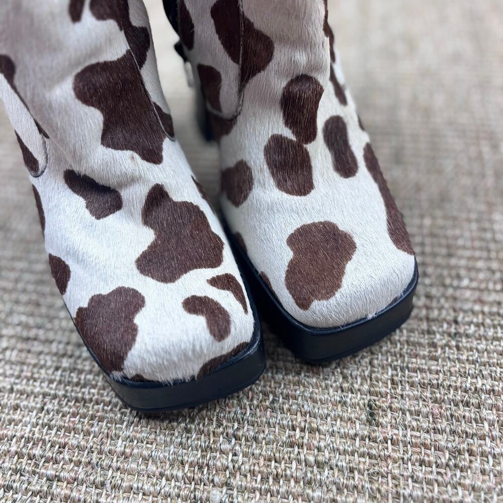 🐄 Calf Hair Cow Print Platform Ankle Boots | Size 8.5 | Brown & White - Picture 2 of 10